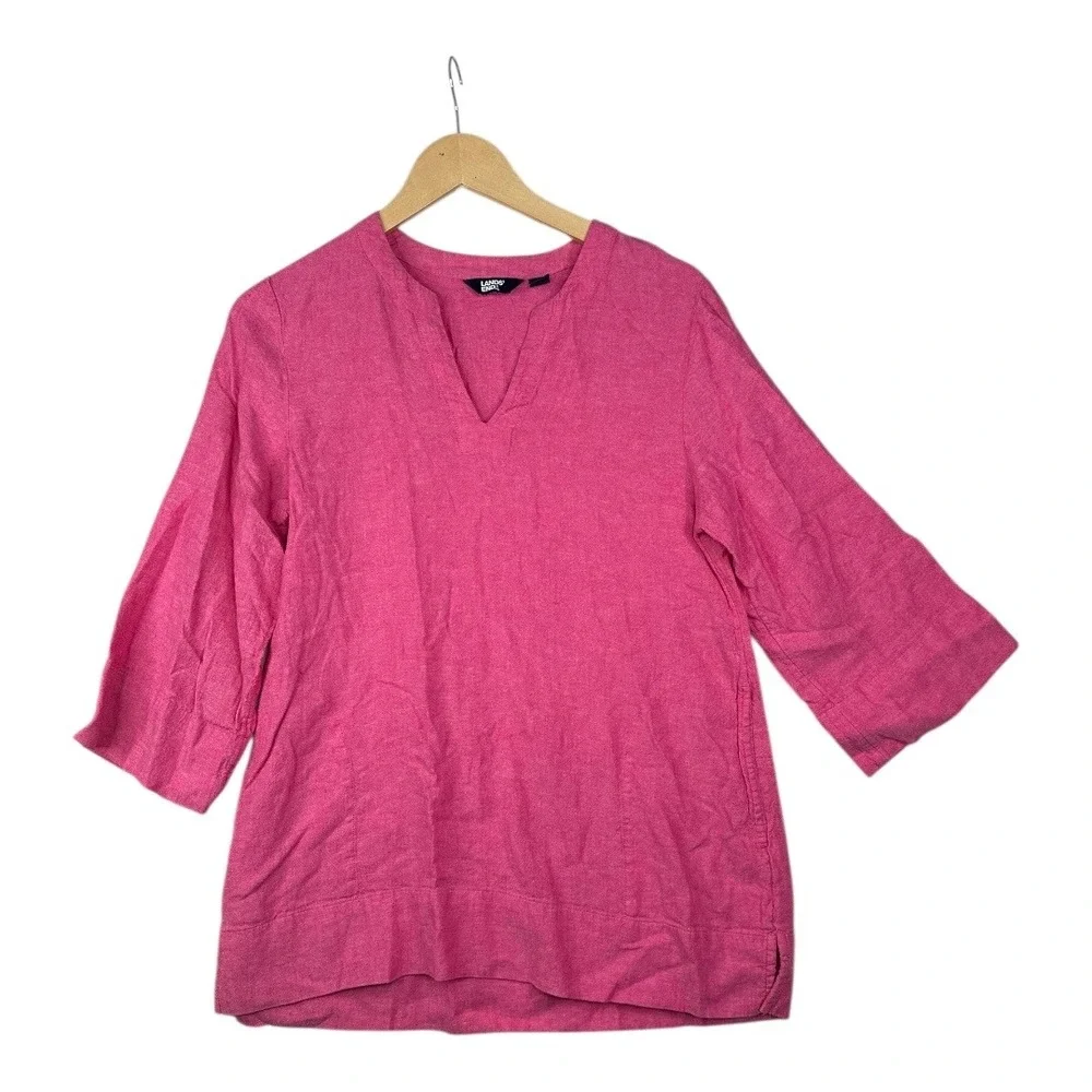 Lands End 3/4 Sleeve Linen Blend V-neck Blouse size Small Pink‎